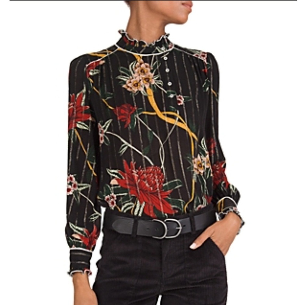 Ba&sh Womens 4 Paulin Metallic Floral Top Black Ruffle Neck Long Sleeve Blouse
